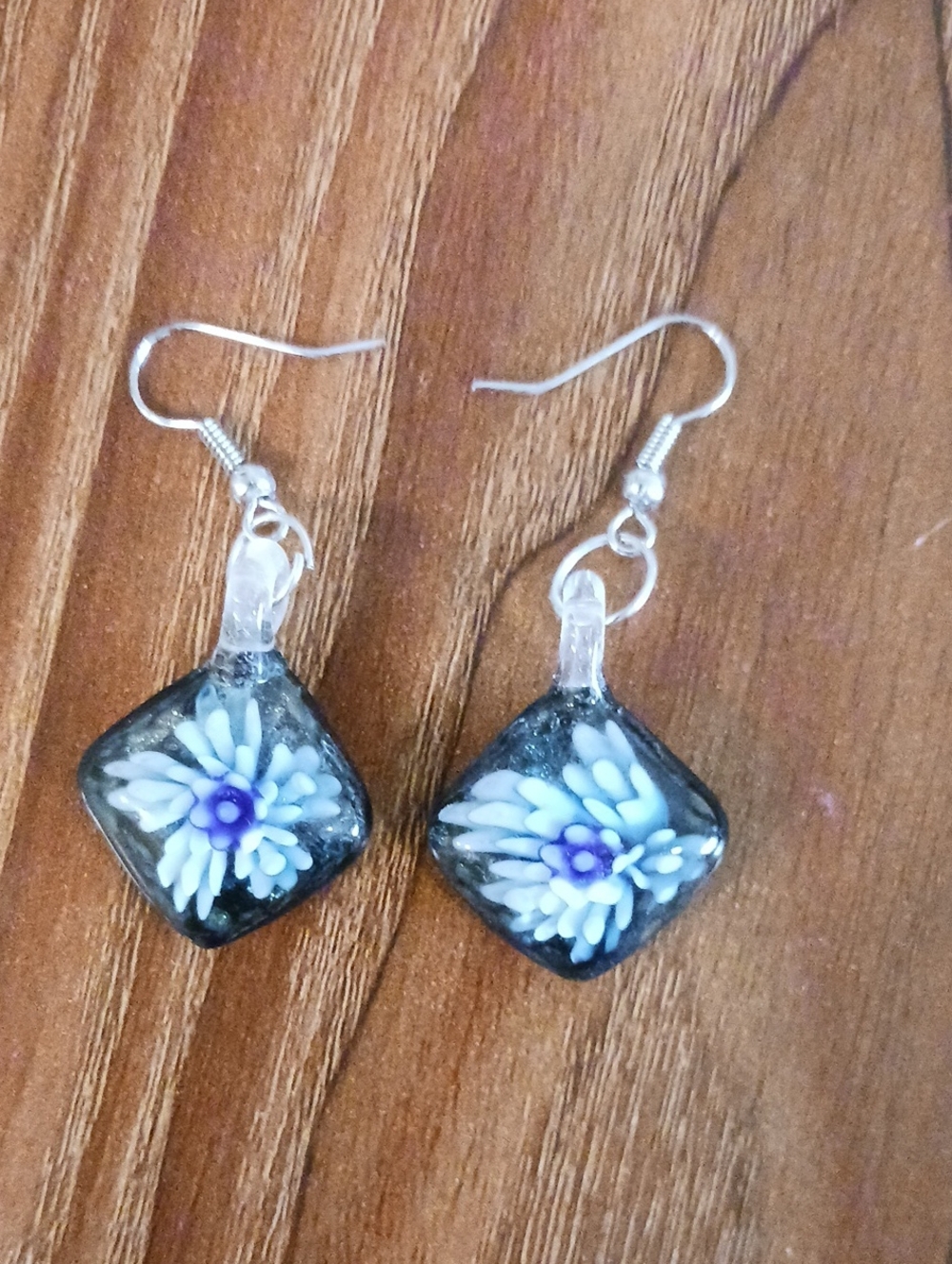 Glass Floral Dangle Earrings in Black and Blue
